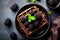 Delicious Belgian chocolate waffles with fresh blackberries on a dark background - breakfast