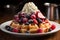 Delicious Belgian waffles topped with ice cream, fresh berries, cream