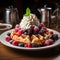 Delicious Belgian waffles topped with ice cream, fresh berries, cream