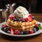 Delicious Belgian waffles topped with ice cream, fresh berries, cream