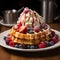 Delicious Belgian waffles topped with ice cream, fresh berries, cream