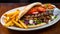 Delicious Berliner Kebab With Special Soft Pita Bread, With Grilled Lamb Slices, Turkish Kebab with Vegetables And French Fries