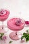 Delicious berry mousse in glass, festive dessert for Valentines day