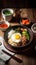 Delicious Bibimbap And Kimchi On Wooden Family Dining Table