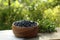 Delicious bilberries in bowl on wooden table outdoors