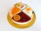 Delicious birthday cake on a white plate. Carrot cake, green velvet, strawberry cheesecake, mango cheesecake.