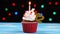 Delicious birthday cupcake with burning candle and number 12 on multicolored blurred lights background