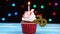 Delicious birthday cupcake with burning candle and number 29 on multicolored blurred lights background