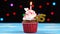 Delicious birthday cupcake with burning candle and number 45 on multicolored blurred lights background