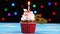 Delicious birthday cupcake with burning candle and number 64 on multicolored blurred lights background