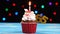 Delicious birthday cupcake with burning candle and number 65 on multicolored blurred lights background