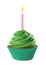 Delicious birthday cupcake with candle and green cream on white