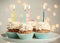 Delicious birthday cupcakes with burning candles on plate
