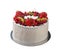 Delicious birthday fruit cake for dessert, white background.