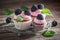 Delicious blackberry cupcake with berries and pink cream