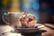 Delicious blueberry muffin cupcake decorated blueberries served with a cup of coffee. Generative AI