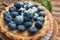 Delicious blueberry tart on table, closeup