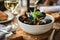 A delicious bowl of black mussels with white wine