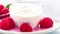 Delicious bowl of Yogurt topped with fresh raspberries, on white. Greek yogurt with raspberry