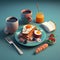 Delicious breakfast on blue background. Healthy nutrition. Generative AI