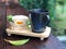 Delicious Breakfast with Fresh sandwich and Black coffee cup on the wooden table