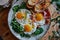 Delicious breakfast with fried eggs, cured meat, and fresh greens
