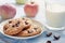 Delicious breakfast: milk, cookies and apples