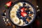 Delicious breakfast with oatmeal, yogurt, strawberries, blueberries, almonds in a ceramic bowl on a wooden table