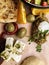 Delicious breakfast: tomatoes and cucumbers, bread, cheese, olives and orange