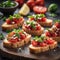 Delicious bruschetta with the crispy toasted bread juicy tomato topping, bursting with freshness