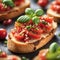 Delicious bruschetta with the crispy toasted bread juicy tomato topping, bursting with freshness