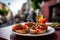 Delicious Bruschetta plate, set against the charming, softly blurred streets of Rome.