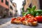 Delicious Bruschetta plate, set against the charming, softly blurred streets of Rome.