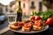 Delicious Bruschetta plate, set against the charming, softly blurred streets of Rome.