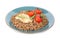 Delicious buckwheat porridge with meat and tomatoes on background