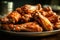 Delicious buffalo wings in hot peppery sauce. Oven baked appetizer. American cuisine specialty. Rustic style