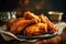 Delicious buffalo wings in hot peppery sauce. Oven baked appetizer. American cuisine specialty. Rustic style kitchen setting
