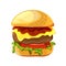 Delicious burger with beef, lettuce, tomato, ketchup, cheese.