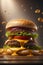 Delicious burger floating in the air cinematic food generated by Ai