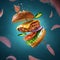 Delicious burger with flying ingredients and sauce. Valentine`s day poster. Cupid`s arrow pierces the burger. For the love of fo