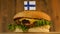 Delicious burger with small Finnish flag on top of them with toothpicks. Yummy hamburger rotating.