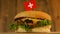 Delicious burger with small Swiss flag on top of them with toothpicks. Yummy hamburger rotating.