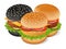 Delicious burgers. Cheeseburger, black burger, chickenburger.