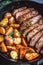 Delicious butter beef steak strips with roasted potatoes and yams. Traditional American cuisine dish specialty for family dinner