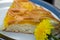 Delicious cake with apricot jam on a plate. Crostata with marmalade or peach jam filling. Homemadepie dessert with dandelion jam.