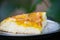 Delicious cake with apricot jam on a plate. Crostata with marmalade or peach jam filling. Homemadepie dessert with dandelion jam.