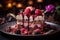 Delicious cake with berries and chocolate on a dark background. Selective focus, Indulge in the dessert\\\'s exquisite