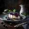 Delicious cake or cheesecake decorated with blueberries and a blueberry glaze, all set against a beautiful dark background.