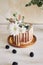 Delicious cake with white and brown chocolate swirly with flowers and blackberries on a table