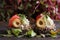 Delicious canape with salmon, cottage cheese, olive with micro greens on a dark background. Cold appetizer.